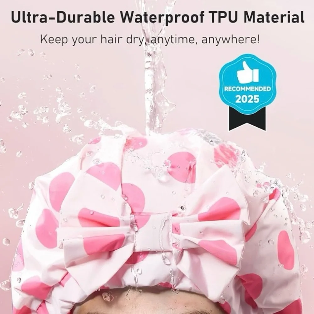 Mulberry Silk Lined Pink Polka Dot Shower Cap with Bow Accent